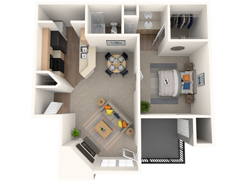 A 3D floor plan of a small apartment with a living room, kitchen, and bedroom.